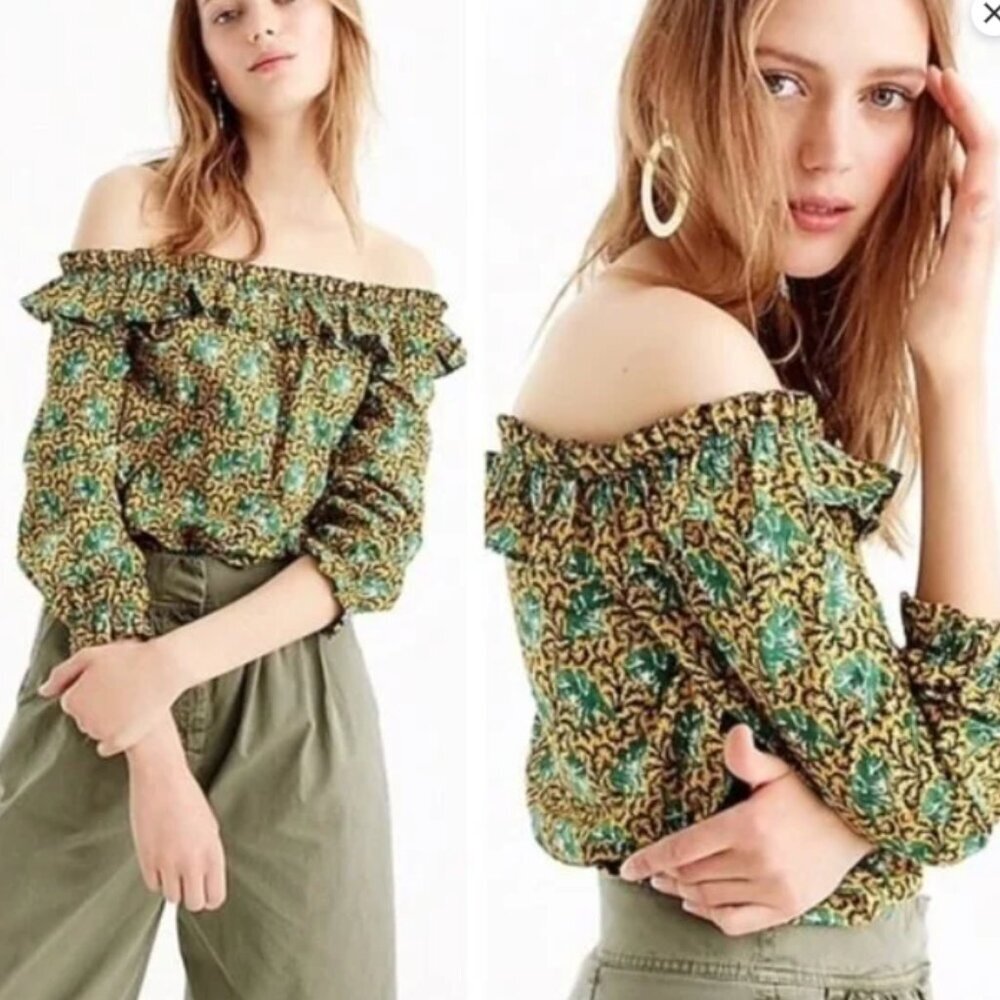 J.Crew‎ Off Shoulder Ratti Top Elephant Print 8 Button Front Ruffle 3/4 Sleeve - Picture 2 of 10